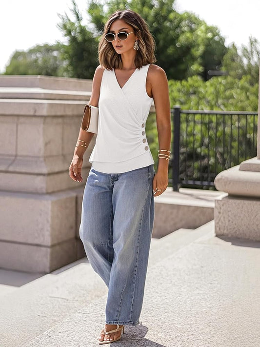 Womens Summer Tank Tops Casual Eyelet Embroidery Sleeveless Shirts Comfy Button Design Slim Fit Basic Tee